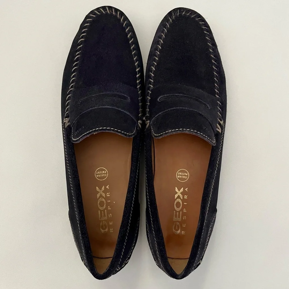 Geox Respira Navy Blue Italian Suede Round Toe Slip-On Loafers Size EU 43.5